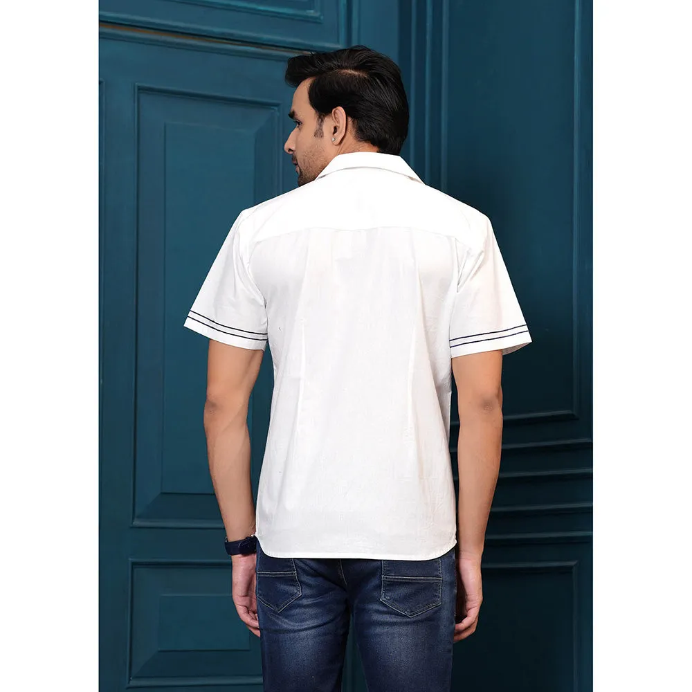 Hatheli Men White Embroidered Spread Collar Pure Cotton Casual Shirt