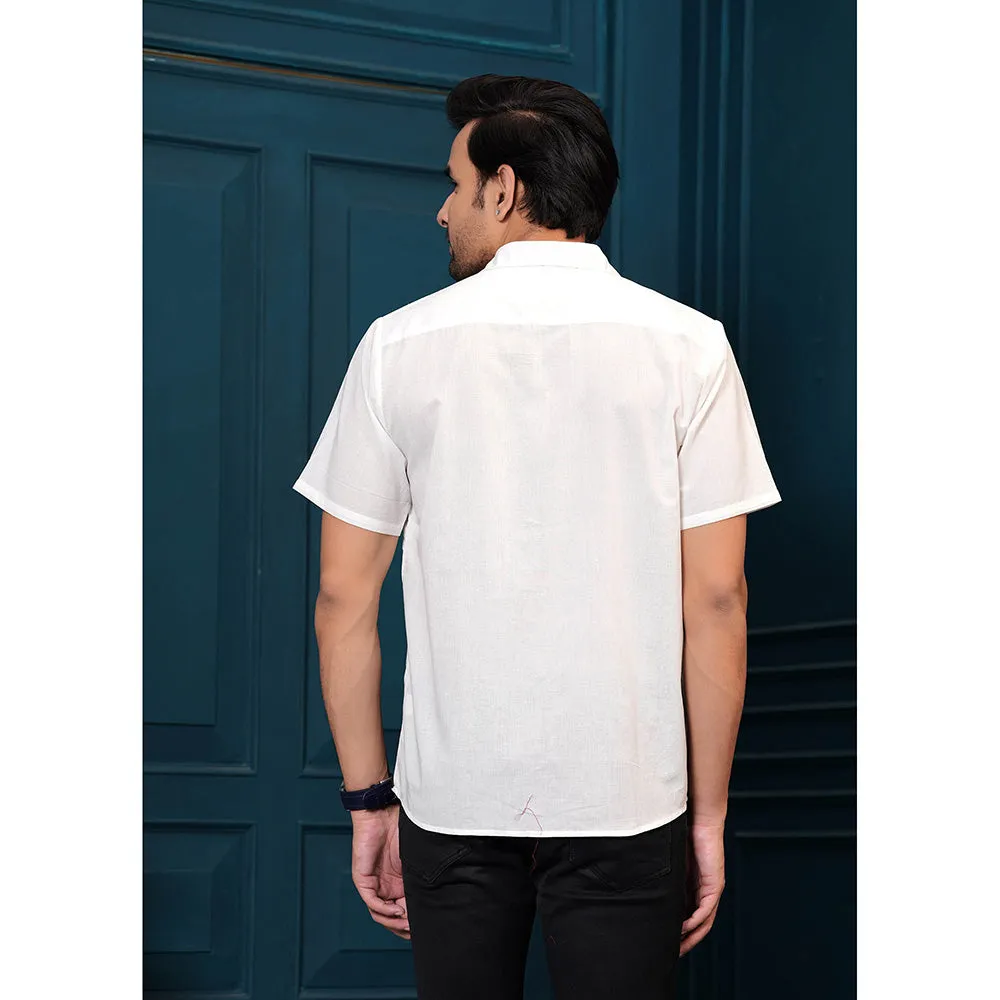 Hatheli Men White Pure Cotton Solid Self Design Casual Shirt