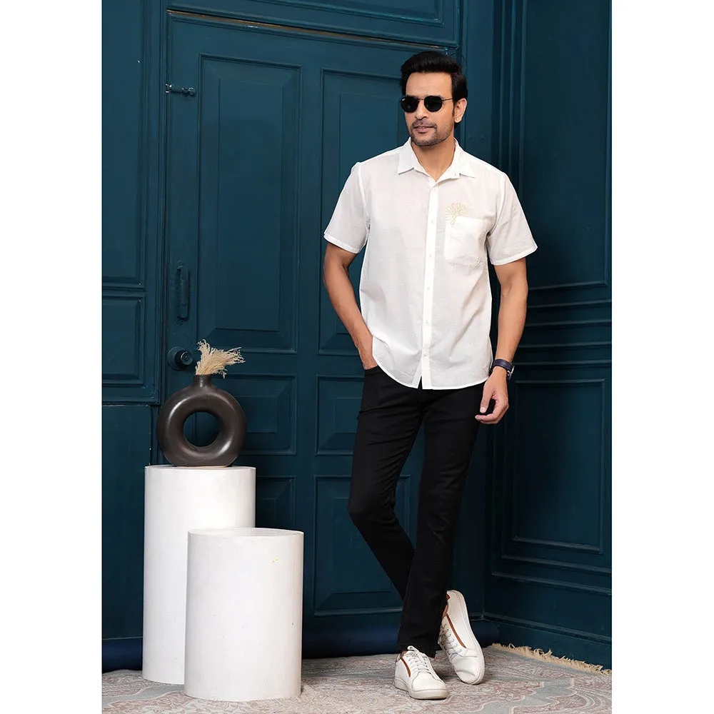 Hatheli Men White Pure Cotton Solid Self Design Casual Shirt