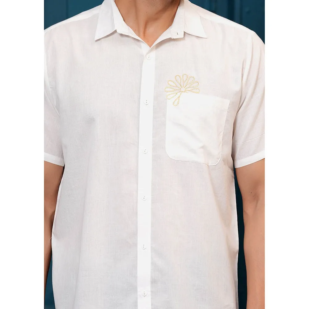 Hatheli Men White Pure Cotton Solid Self Design Casual Shirt