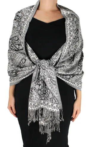 White and Black Peach Couture Elegant Double Layer Reversible Paisley Pashmina Shawl Wrap Scarf